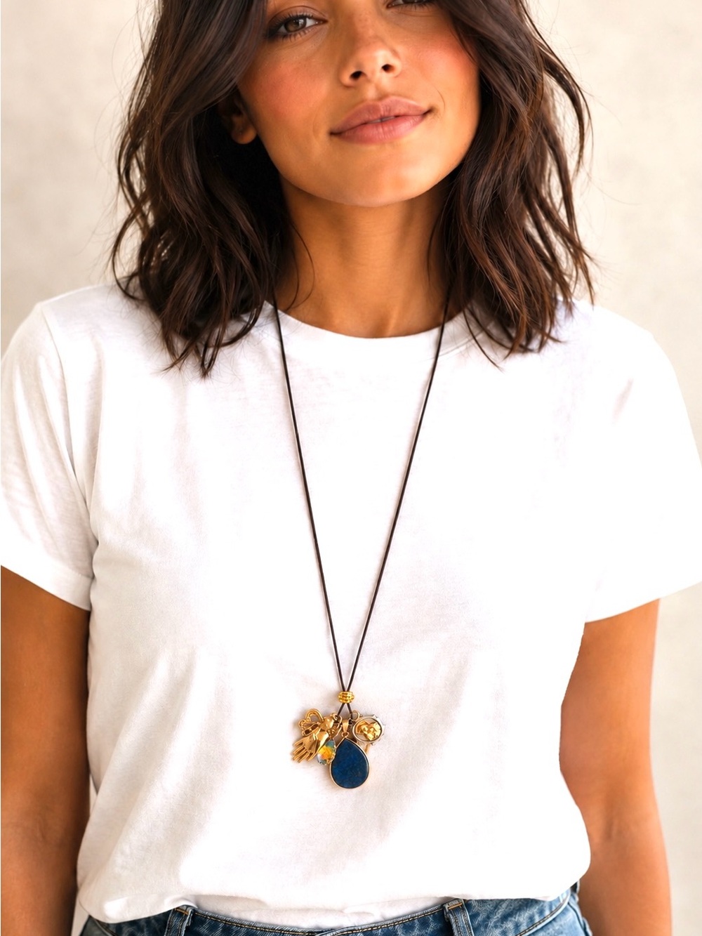 Gold Charm Pendant Necklace with Lapis Lazuli Teardrop